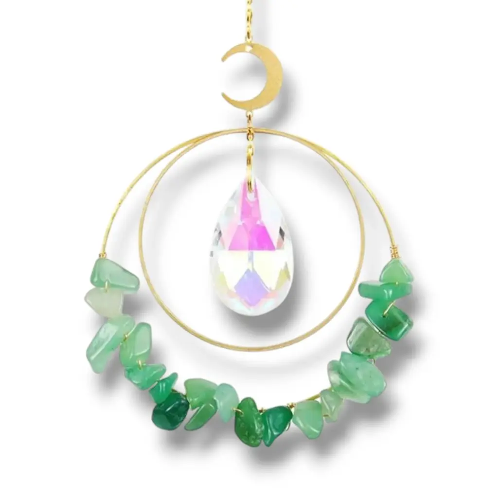 Colgante de Cristales - 2 Circulos con cristales Cuarzo verde (43x8cm)