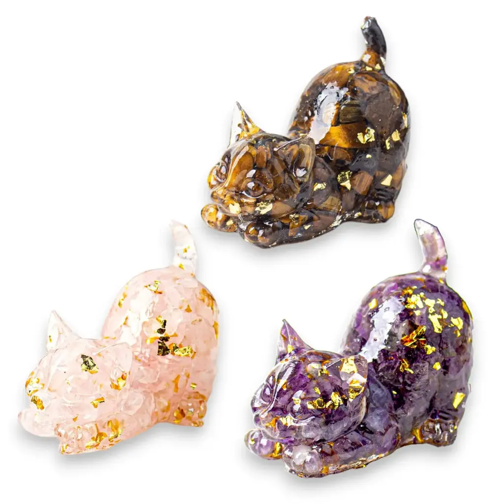 Gatito Estirandose de Resina y Cristales (5x3cm)
