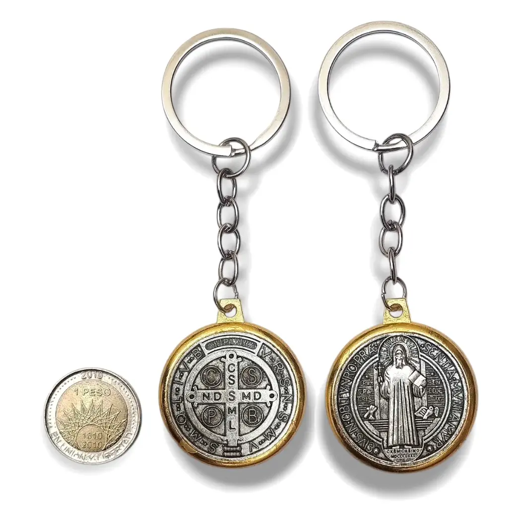 PROMO X12 - Llavero Medalla San Benito Borde Dorado (Grande) (3,5x10cm)