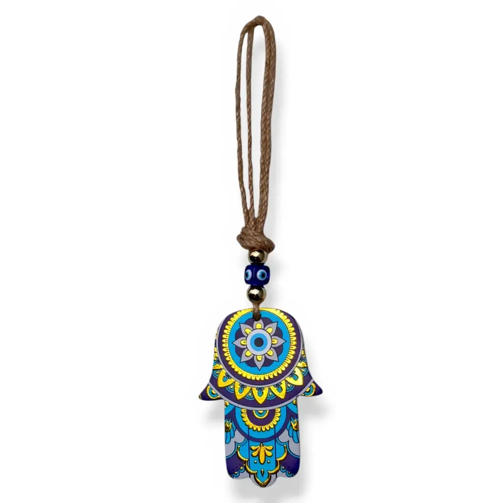 Colgante con soga - Mano fátima con mandala (26x7cm)