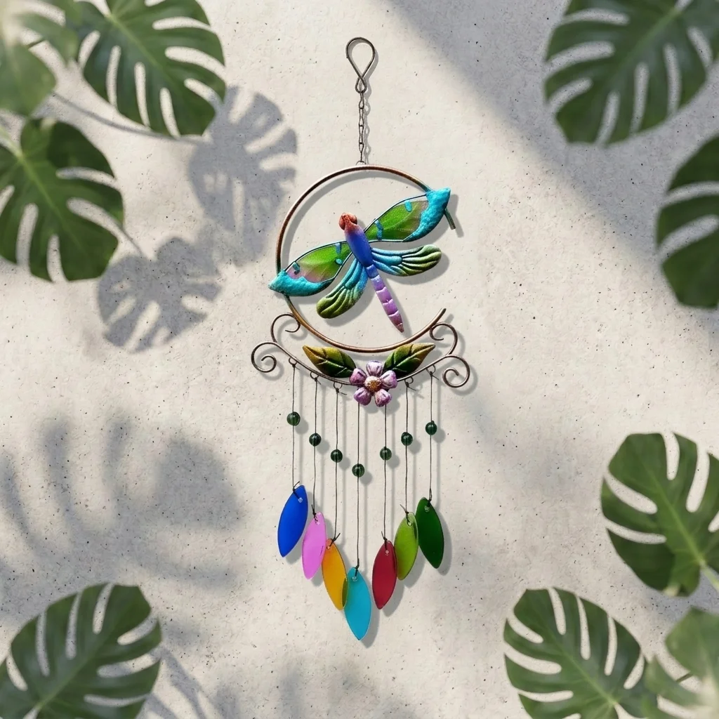 [ONC-027] Colgante Metal Libelula con Hojas colores - 52cm Alto