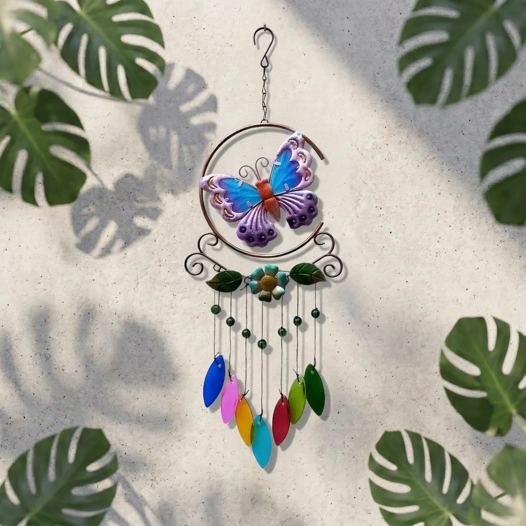 [ONC-028] Colgante Metal Mariposa con Hojas colores - 52cm Alto