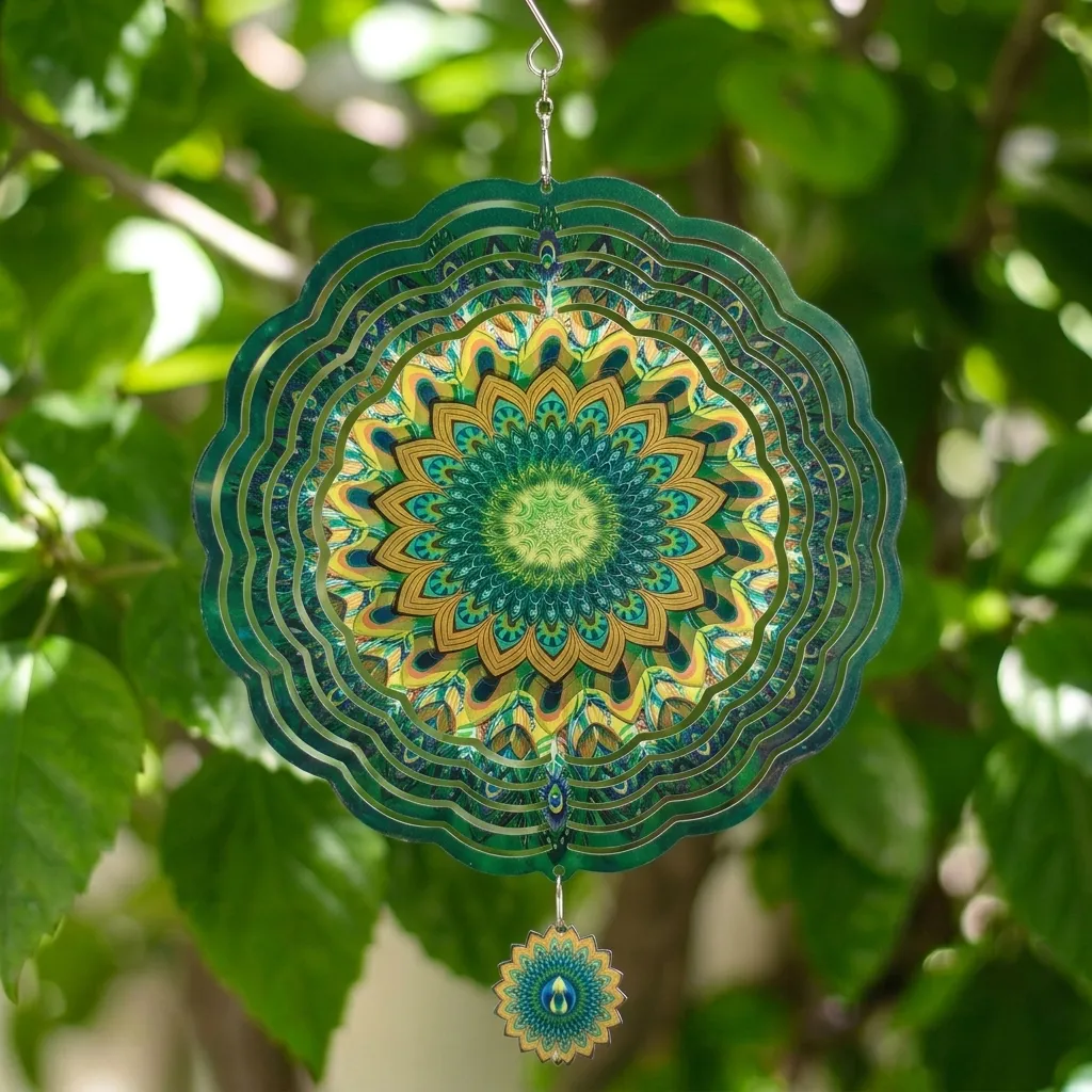 [WINUV30-021] Windspinner Pintado 30cm - Mandala verde Plumas azules (Brillante)