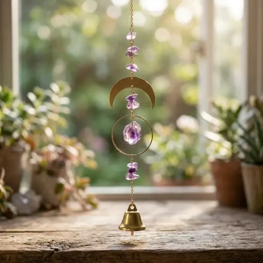 [IMP-217] Colgante de Cristales - Amatista con campanitas (40cm)
