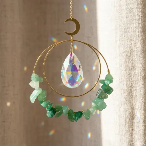 [IMP-051] Colgante de Cristales - 2 Circulos con cristales Cuarzo verde (43x8cm)