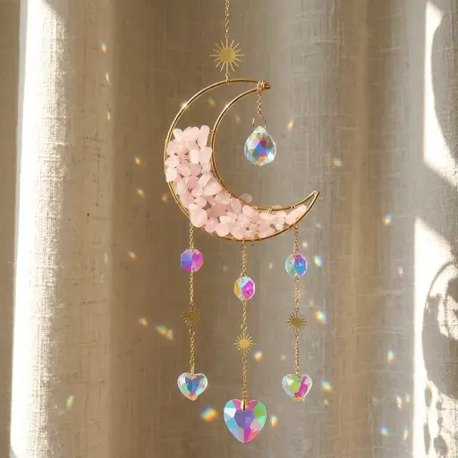 [IMP-082] Colgante de Cristales - Luna Semillena Cuarzo Rosa (50x10cm)