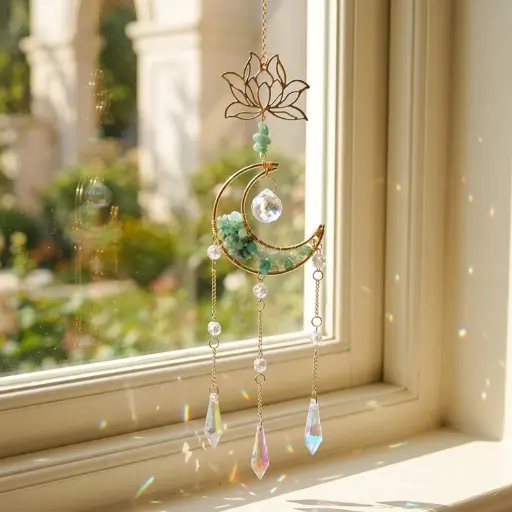 [IMP-076] Colgante de Cristales - Luna con Loto (Cuarzo verde) (47x9cm)