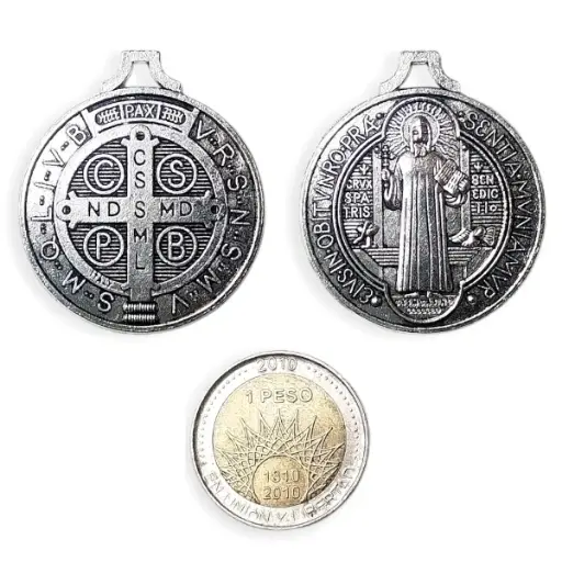 [ONC-054] PROMO X10 - Dije Medalla San Benito Plateado (Grande - 3cm)