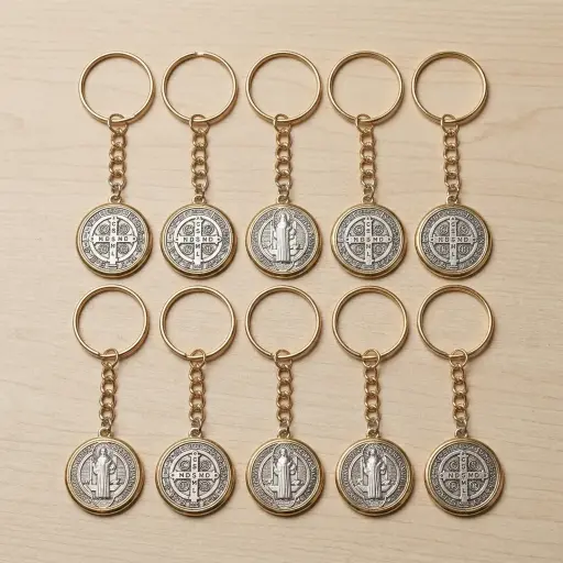 [ONC-060] PROMO X10 - Llavero Medalla San Benito Borde Dorado (Mediano) (2x8cm)