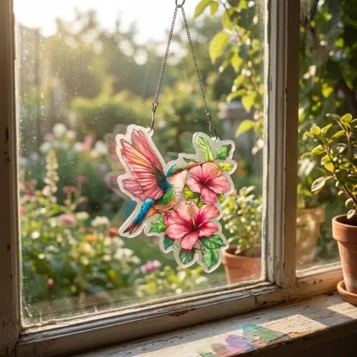 [IMP-251] Colgante Plano de Acrílico - Colibri en Flores de Hibiscus (24x17cm)