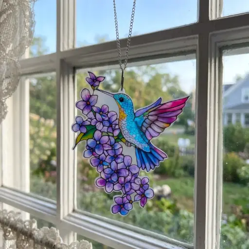 [IMP-252] Colgante Plano de Acrílico - Colibri en Flores Violetas (20x15cm)
