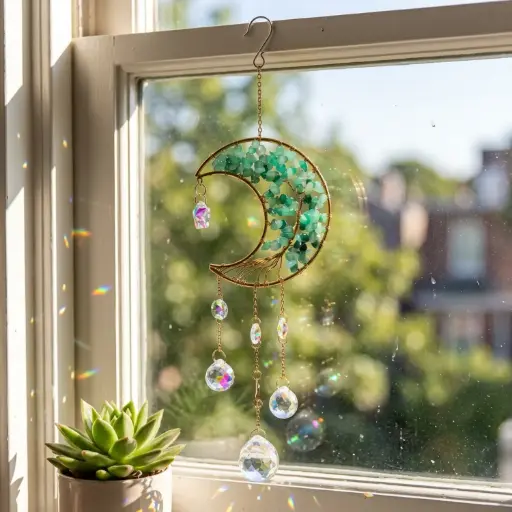 [IMP-248] Colgante de Cristales - Luna con Árbol Cuarzo Verde (49x10cm) 