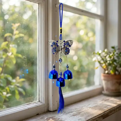 [ONC-106] Colgante - Mariposa azul con campanitas (30x7cm)