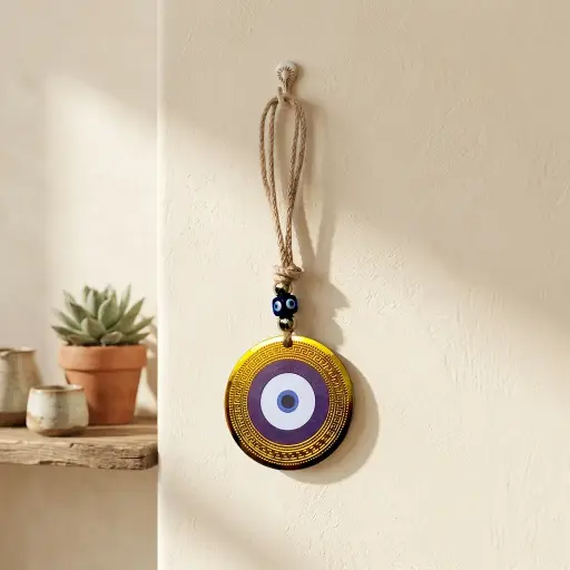 [ONC-102] Colgante con soga - Ojo turco con borde dorado (22x8cm)