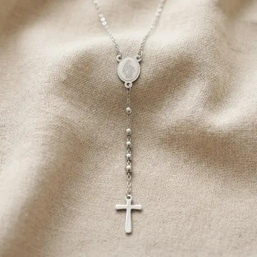 [MEdalla Chica] Rosario de Acero Inox. Virgen Maria (35cm)  