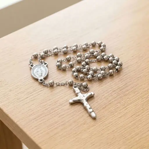 [Medalla Grande] Rosario de Acero Inox. Virgen Maria (47cm)   